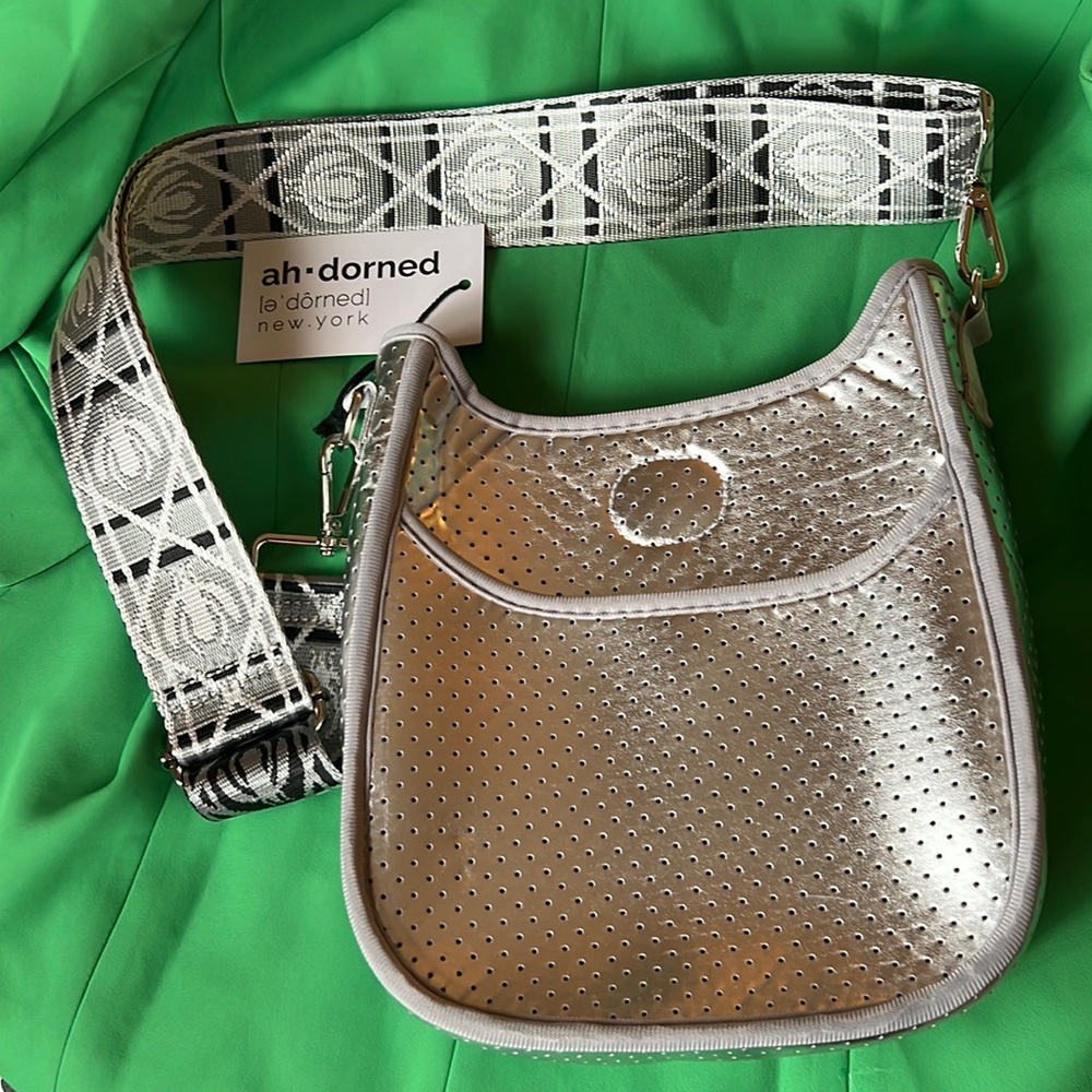 Adorned! Classic Silver Metallic 9”x10” 
Messenger Bag Gold Hardware
Brand New